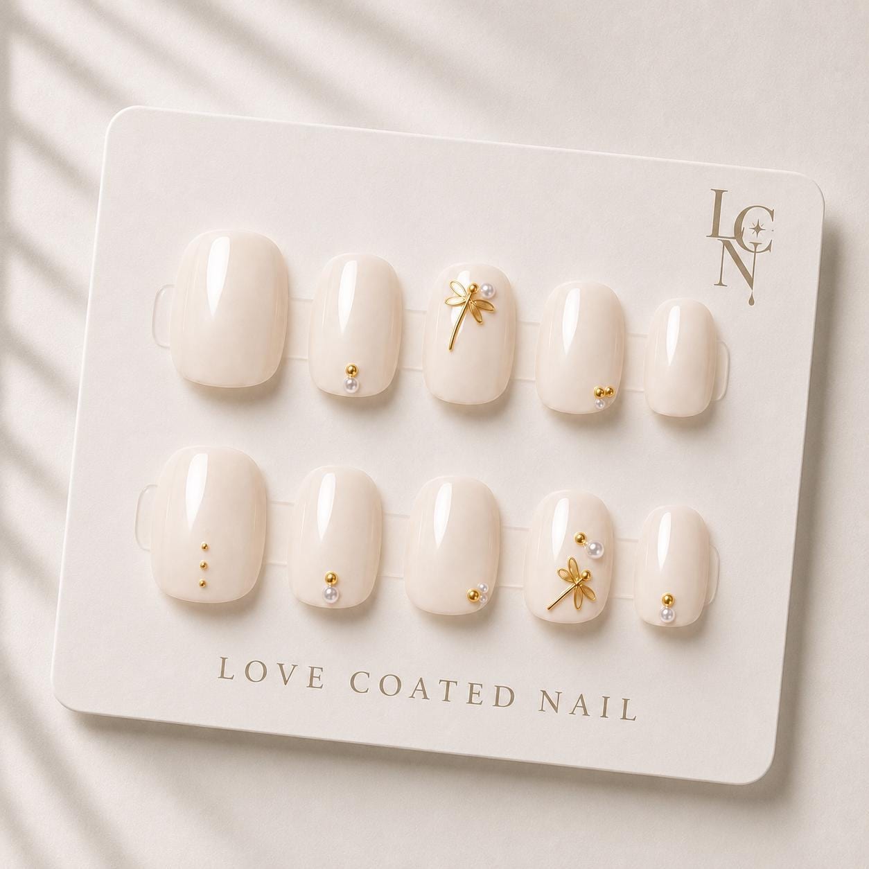 Dragonfly Press On Nails, Nude Bridal Nails, Pearl Gold Accent Nails, Neutral Wedding Nails, Elegant Press On Set