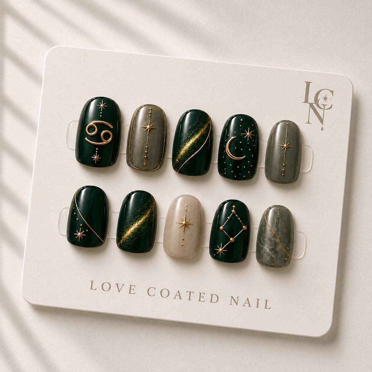 Custom Zodiac Sign Press On Nails | Emerald Celestial Luxury Nails | Handmade Astrology Nails | Green Gold Star Moon Nail Set