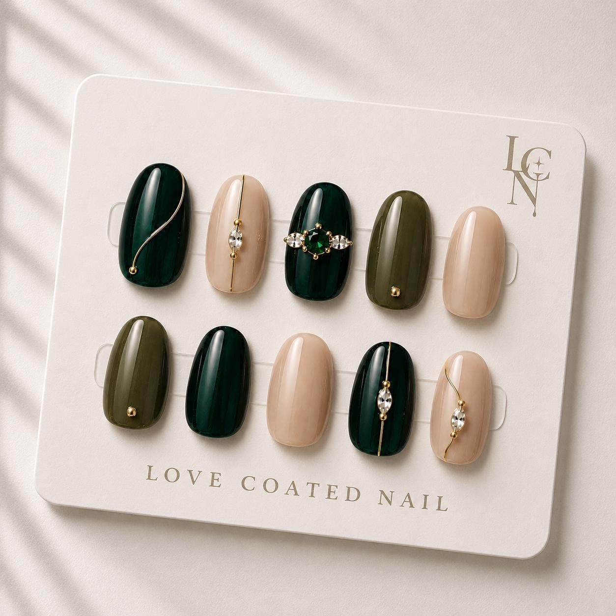 Emerald Green Press On Nails | Quiet Luxury Nails | Gold Accent Nails | Classy Nude Press Ons | Reusable Nail Set