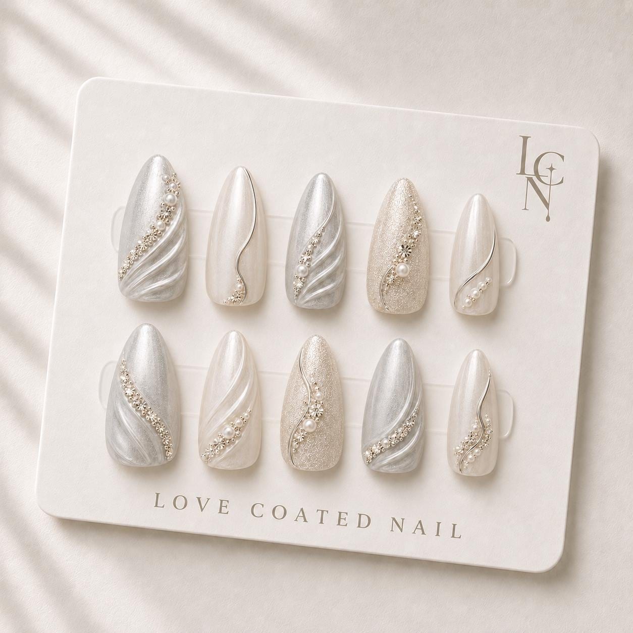 Bridal Nails, Silver Bridal Nails, Bridal Press On Nails, Wedding Nails, Pearl Wedding Nails, Luxury Wedding Nails