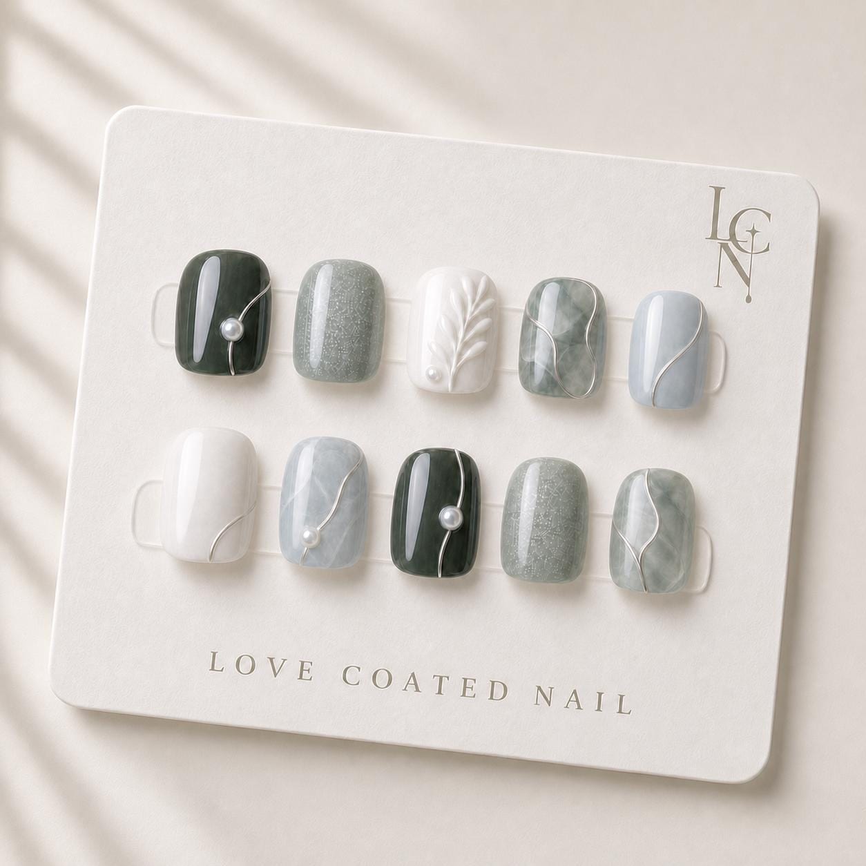 Sage Green Press On Nails, Pearl Press On Nails, Marble Nails, Luxury Green Nails, Handmade Reusable Gel Press On Nails