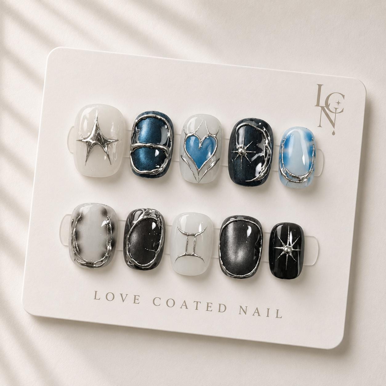 Y2K Press On Nails, Blue Heart Chrome Nails, Silver Chrome Press On Nails, Handmade Luxury Nail Set, Personalized Zodiac