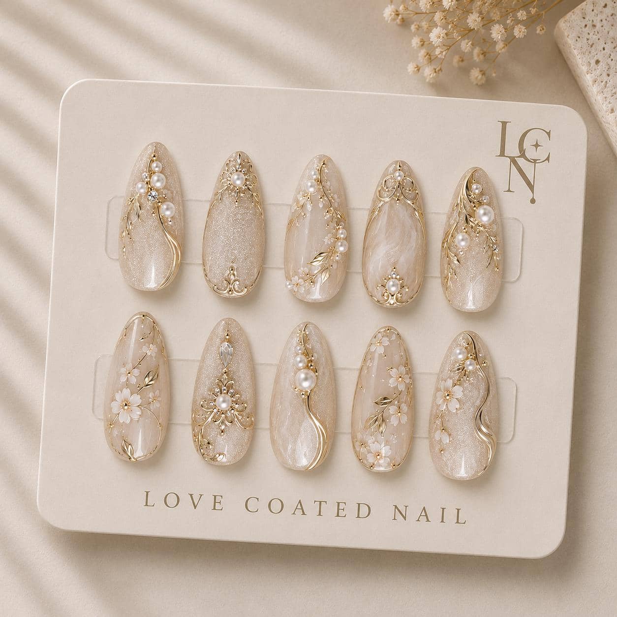 Ivory Almond Press On Nails | Luxury Bridal Pearl 3D Flower Set