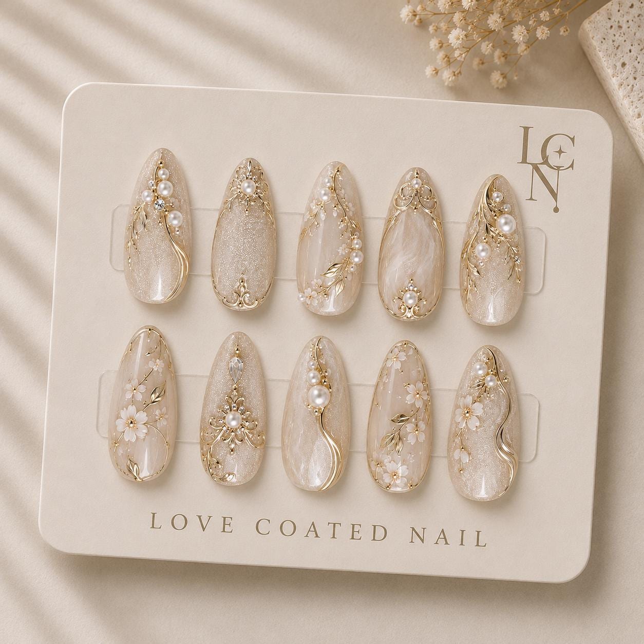 Ivory Almond Press On Nails | Luxury Bridal Pearl 3D Flower Set