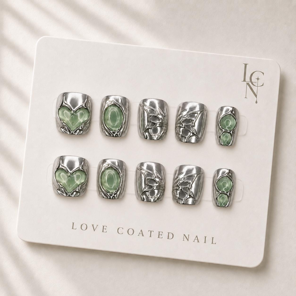 Extra Short Press On Nails, Y2K Chrome Nails, Liquid Chrome Nails, Korean Press On Nails, Jade Heart Nails, Cyber Nails
