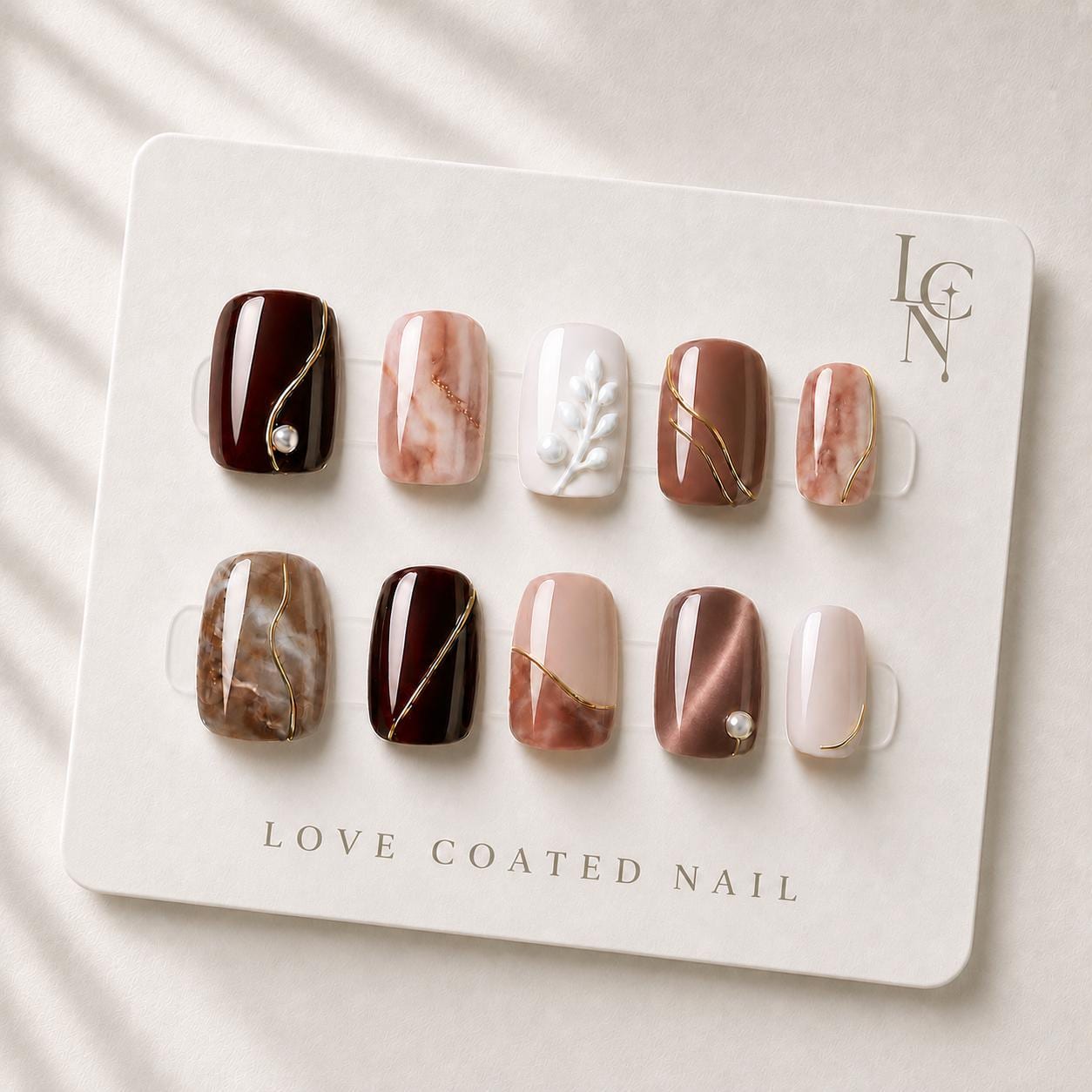 Extra Short Luxury Press On Nails, Brown Mocha Cat Eye Marble Nails, Gold Chrome Quiet Luxury Handmade Nails